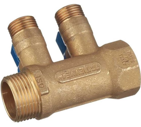 Коллектор Tiemme 2 отвода, с шаровыми клапанами 1х1/2"(16) (латунь) синие ручки 1820042