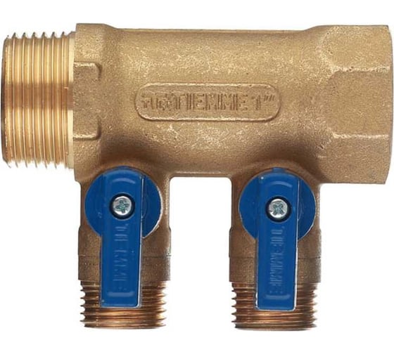Коллектор Tiemme 2 отвода, с шаровыми клапанами 1х1/2"(16) (латунь) синие ручки 1820042