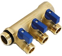 Коллектор Tiemme 3 отвода, с шаровыми клапанами 1х1/2"(16) (латунь) синие ручки 1820046