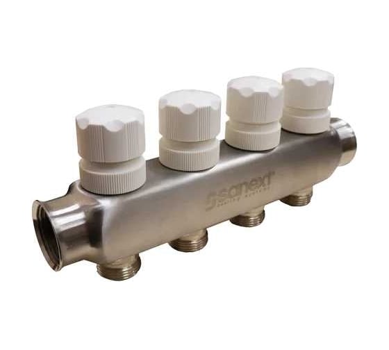 Квартирный коллектор SANEXT ВР 1"х 4 контура НР 3/4" евроконус (под привод) 8214