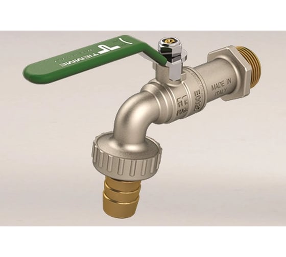Кран Tiemme 1/2" шаровой сливной со штуцером NO Frost (зеленая плоская ручка) 2500058 2500058/2531V
