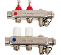 Коллекторная группа из нержавеющей стали Victoria с расх. 1"x3/4ek- 9вых. (кран маевского + сливной кран) 60-109