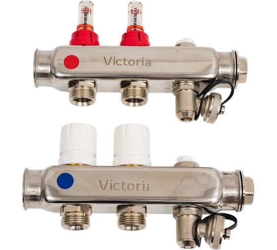 Коллекторная группа из нержавеющей стали Victoria с расх. 1"x3/4ek- 9вых. (кран маевского + сливной кран) 60-109 1