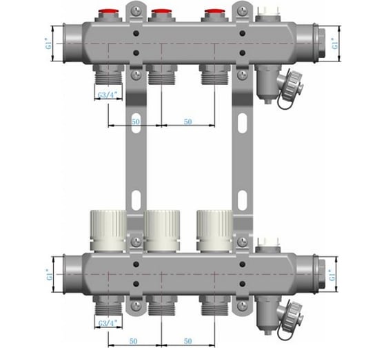Коллекторная группа из нержавеющей стали Victoria 1"x3/4ek- 5вых. (кран маевского + сливной кран) 60-205