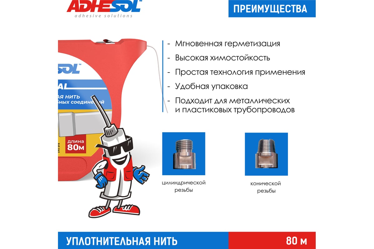 Уплотнительная сантехническая нить для герметизации резьбовых соединений  ADHESOL uniseal 80 м, лента от протечек НП1002