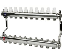 Коллекторная группа с ручными регулирующими клапанами и кронштейном RTP (евроконус 3/4") нержавеющая сталь sus 304 1"х10 выходов, 39465