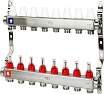 Коллекторная группа с расходометром и кронштейном RTP (евроконус 3/4") нержавеющая сталь sus 304 1"х 8 выходов, 39425