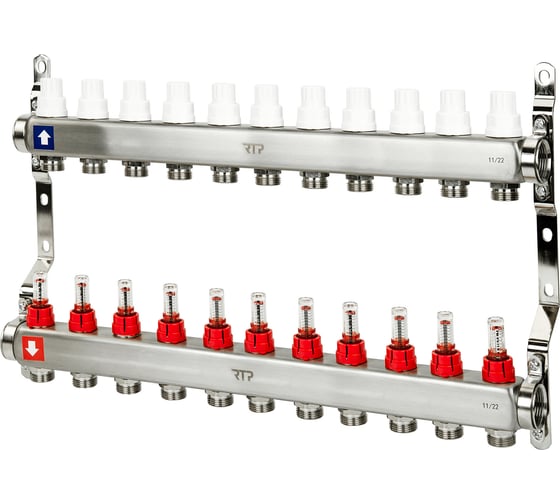 Коллекторная группа с расходометром и кронштейном RTP (евроконус 3/4") нержавеющая сталь sus 304 1"х11 выходов, 39407 - выгодная цена, отзывы, характеристики, фото - купить в Москве и РФ