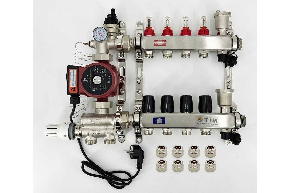 Комплект для водяного теплого пола с насосом: Коллектор 4 выхода с  расходомерами + смесительный узел JH-1036 + циркуляционный насос 25-60 130  + коллекторный фитинг - (до 60 кв.м.) TIM KCS5004 + JH-1036 +