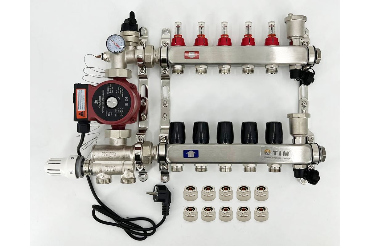 Комплект для водяного теплого пола с насосом: Коллектор 5 выходов с  расходомерами + смесительный узел JH-1036 + циркуляционный насос 25-60 130  + коллекторный фитинг - (до 70 кв.м.) TIM KCS5005 + JH-1036 +