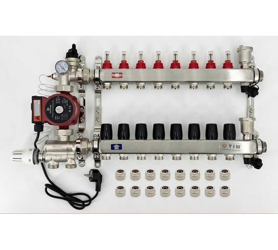Комплект для водяного теплого пола с насосом: Коллектор 8 выходов с расходомерами + смесительный узел JH-1036 + циркуляционный насос 25-60 130 + коллекторный фитинг - (до 100 кв.м.) TIM KCS5008 + JH-1036 + AM-XPS25-6-130 - выгодная цена, отзывы, характеристики, фото - купить в Москве и РФ