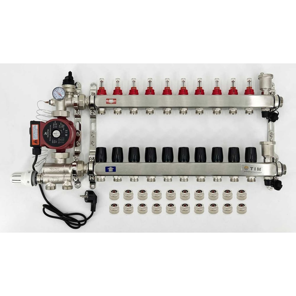 Комплект для водяного теплого пола с насосом: Коллектор 10 выходов с  расходомерами + смесительный узел JH-1036 + циркуляционный насос 25-60 130  + коллекторный фитинг - (до 120 кв.м.) TIM KCS5010 + JH-1036 +