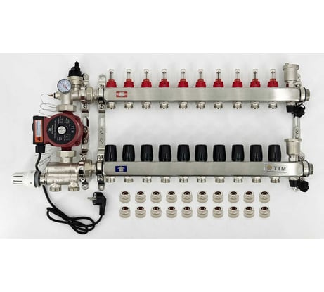 Комплект для водяного теплого пола с насосом: Коллектор 10 выходов с расходомерами + смесительный узел JH-1036 + циркуляционный насос 25-60 130 + коллекторный фитинг - (до 120 кв.м.) TIM KCS5010 + JH-1036 + AM-XPS25-6-130