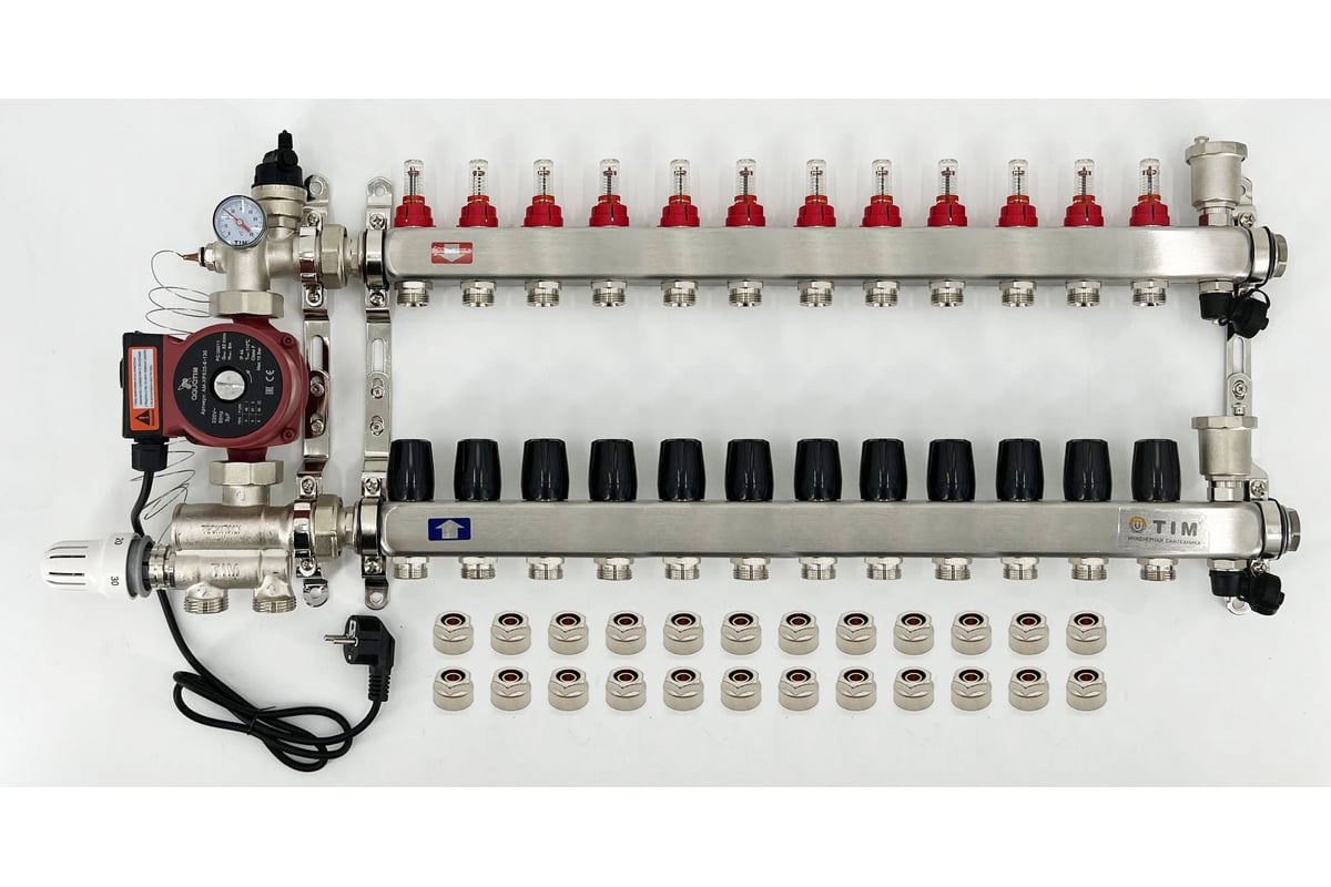 Комплект для водяного теплого пола с насосом: Коллектор 12 выходов с  расходомерами + смесительный узел JH-1036 + циркуляционный насос 25-60 130  + коллекторный фитинг - (до 140 кв.м.) TIM KCS5012 + JH-1036 +
