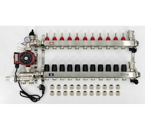Комплект для водяного теплого пола с насосом: Коллектор 11 выходов с расходомерами + смесительный узел JH-1036 + циркуляционный насос 25-60 130 + коллекторный фитинг - (до 130 кв.м.) TIM KCS5011 + JH-1036 + AM-XPS25-6-130