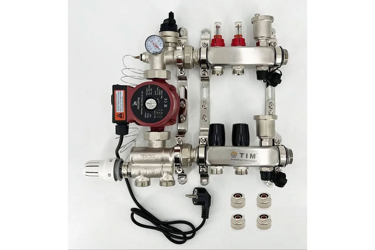 Комплект для водяного теплого пола с насосом: Коллектор 2 выхода с  расходомерами + смесительный узел JH-1036 + циркуляционный насос 25-60 130  + коллекторный фитинг - (до 50 кв.м.) TIM KCS5002 + JH-1036 +