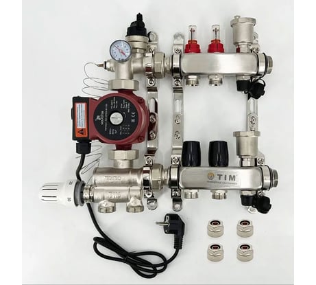 Комплект для водяного теплого пола с насосом: Коллектор 2 выхода с расходомерами + смесительный узел JH-1036 + циркуляционный насос 25-60 130 + коллекторный фитинг - (до 50 кв.м.) TIM KCS5002 + JH-1036 + AM-XPS25-6-130