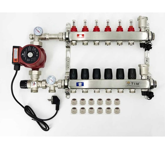 Комплект для водяного теплого пола с насосом TIM: коллектор 6 выходов с расходомерами + смесительный узел JH-1035 + циркуляционный насос 25-60 130 + коллекторный фитинг - (до 80 кв.м.) KCS5006 + JH-1035 + AM-XPS25-6-130 - выгодная цена, отзывы, характеристики, фото - купить в Москве и РФ