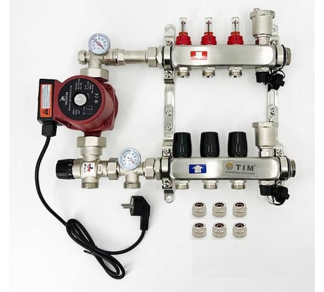 Комплект для водяного теплого пола с насосом TIM: коллектор 3 выхода с расходомерами + смесительный узел JH-1035 + циркуляционный насос 25-60 130 + коллекторный фитинг - (до 50 кв.м.) KCS5003 + JH-1035 + AM-XPS25-6-130