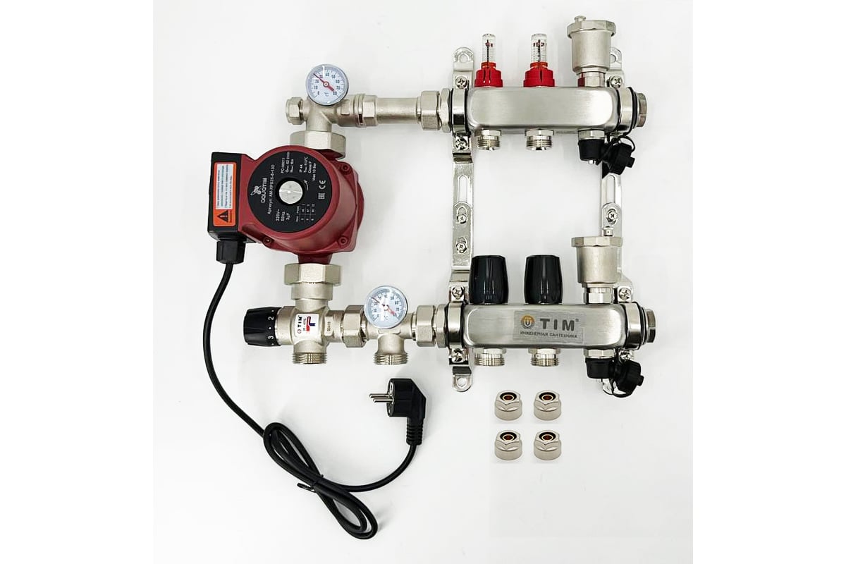 Комплект для водяного теплого пола с насосом TIM: коллектор 2 выхода с  расходомерами + смесительный узел JH-1035 + циркуляционный насос 25-60 130  + ...