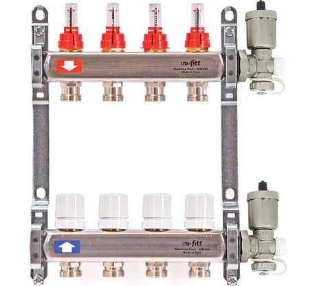 Коллекторная группа Uni-Fitt 1"х3/4", 7 выходов с автоматическими воздухоотводчиками, нержавеющая cталь 450A4307