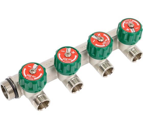 Коллектор Uni-Fitt НВ 3/4", 4х1/2", Н 50 мм с выходами под 90 град, никелированный, с вентилями 410N3240 1