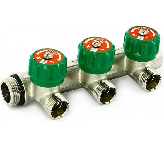 Коллектор Uni-Fitt НВ 3/4", 4х1/2", Н 50 мм с выходами под 90 град, никелированный, с вентилями 410N3240