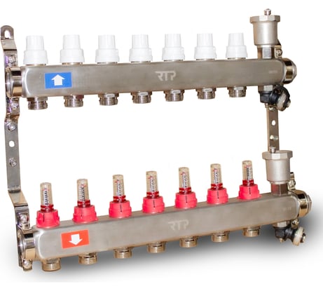 Коллекторная группа RTP с регулирующими клапанами, расходометрами, воздухоотводчиками, обратными и дренажными клапанами, кронштейном (евроконус 3/4"), нержавеющая сталь sus 304, 1"х 7 выходов 42499