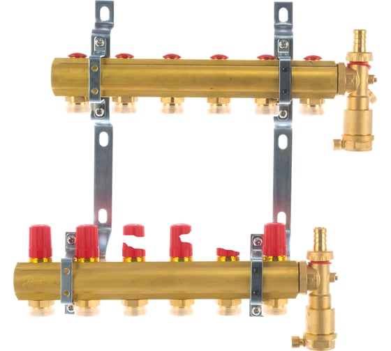 Комплект коллекторов Danfoss FHF-6 set с кронштейнами и воздухоотводчиками 6 контуров 088U0706