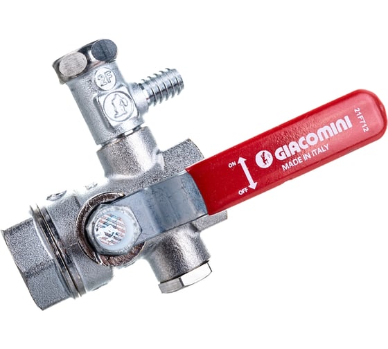 Шаровой кран Giacomini R250DS 1/2", внутренняя/внутренняя, ручка-рычаг красный, хромированный, со сливом R250SX003
