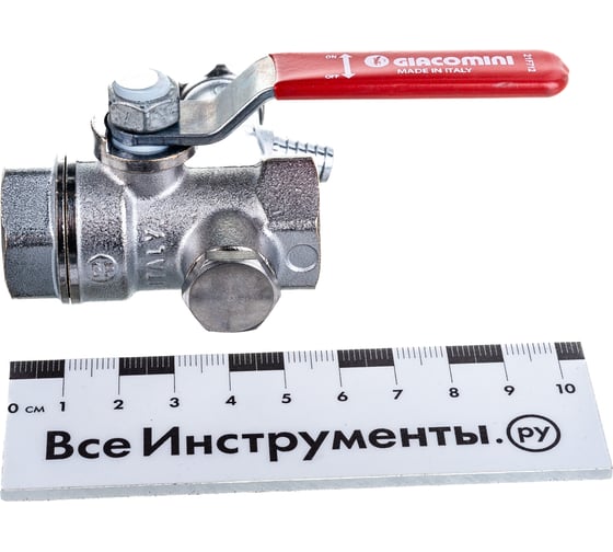 Шаровой кран Giacomini R250DS 1/2", внутренняя/внутренняя, ручка-рычаг красный, хромированный, со сливом R250SX003