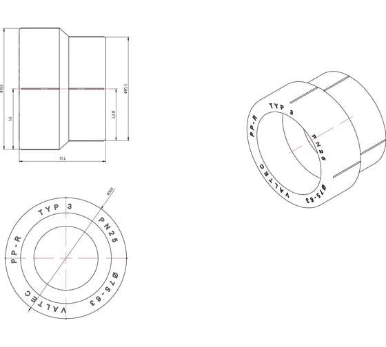 Переходная муфта Valtec PPR 75-63 мм VTp.705.0.075063 1