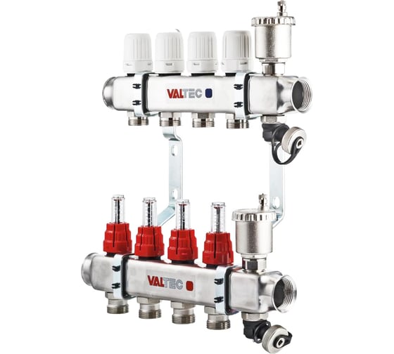 Коллекторная группа Valtec 1x10 выходов евроконус 3/4" нержавеющая сталь со встроенными расходомерами в сборе VTc.586.EMNX.0610