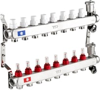 Коллекторная группа с регулирующими клапанами, расходомерами, воздухоотводчиками, обратными и дренажными клапанами, кронштейном (евроконус 3/4") RTP нержавеющая сталь sus 304 1"х 8 выходов,  42500