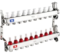 Коллекторная группа с регулирующими клапанами, расходомерами, воздухоотводчиками, обратными и дренажными клапанами, кронштейном (евроконус 3/4") RTP нержавеющая сталь sus 304 1"х 9 выходов,  42501