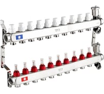 Коллекторная группа с регулирующими клапанами, расходомерами, воздухоотводчиками, обратными и дренажными клапанами, кронштейном RTP (евроконус 3/4") нержавеющая сталь sus 304 1"х 10 выходов, 42502 31318155