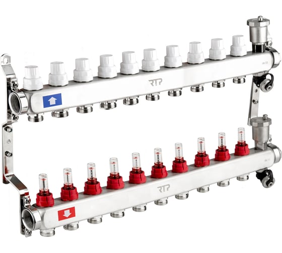 Коллекторная группа с регулирующими клапанами, расходомерами, воздухоотводчиками, обратными и дренажными клапанами, кронштейном RTP (евроконус 3/4") нержавеющая сталь sus 304 1"х 10 выходов, 42502 - выгодная цена, отзывы, характеристики, фото - купить в Москве и РФ