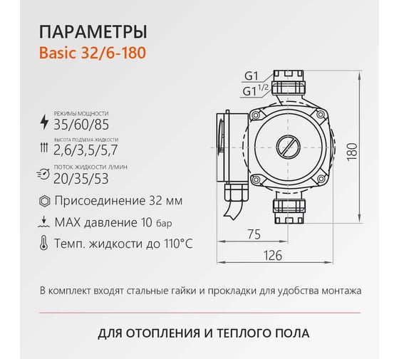 Циркуляционный насос PROFLINE basic 32/6 -180 (гайки, кабель) УТ-00047615