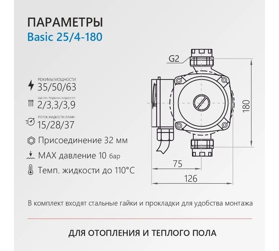 Циркуляционный насос PROFLINE standart 25/4-180 (гайки, кабель) УТ-00047618