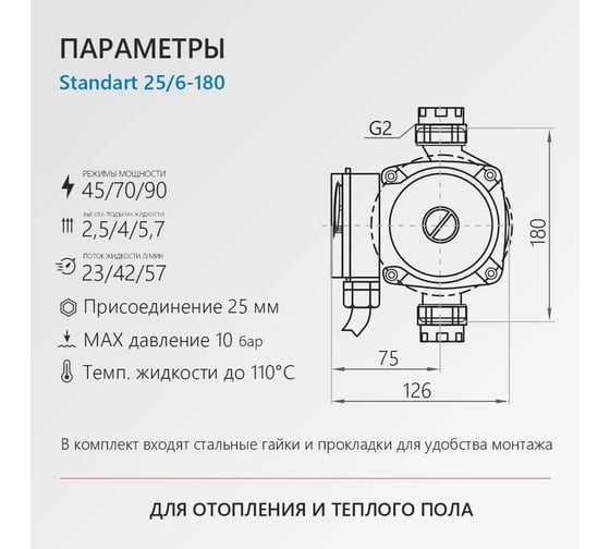 Циркуляционный насос PROFLINE standart 25/6-180 (гайки, б/кабеля) УТ-00047620