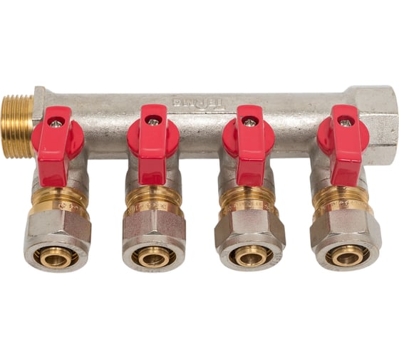 Коллектор для металлопластиковой трубы Terma 3/4"в/н с 4-мя шаровыми кранами, конус 16 мм (1/2") (14003) 35993