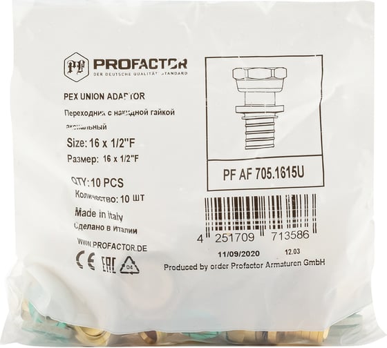 Переходник с накидной гайкой PROFACTOR аксиальный 16x1/2"вн PF AF 705.1615U
