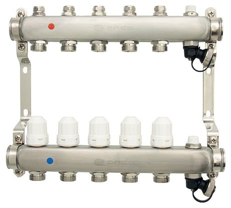 Коллекторная группа в сборе с термостатическими и запорными клапанами ONDO нерж сталь, 5 вых. OKGSP005