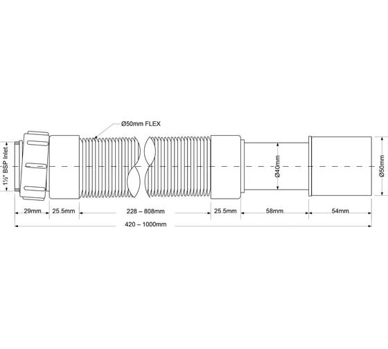 Гофрированная труба McAlpine раздвижная, L290-500 х 50 мм, вход 1 1/4", В, выход D=40/50 мм MRMF105S