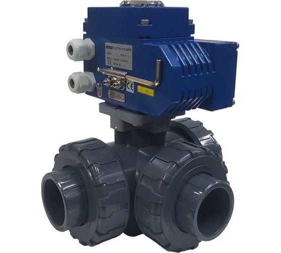 Трехходовой ПВХ шаровый кран TECHNO 3040PVC-NP50DF230V DN40, с электроприводом 50Нм, 230В, управление открыто/закрыто 673401