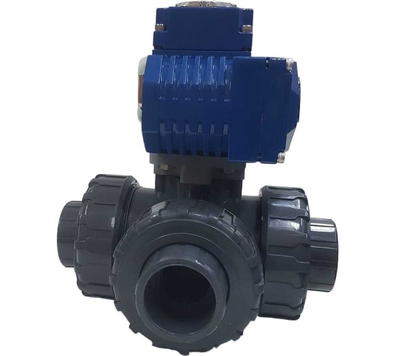 Трехходовой ПВХ шаровый кран TECHNO 3040PVC-NP50DF24V DN40, с электроприводом 50Нм, 24В, управление открыто/закрыто 673402