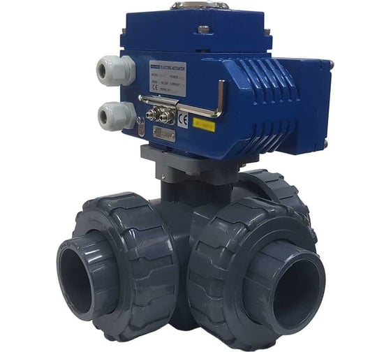 Трехходовой ПВХ шаровый кран TECHNO 3040PVC-NP50DF24V DN40, с электроприводом 50Нм, 24В, управление открыто/закрыто 673402