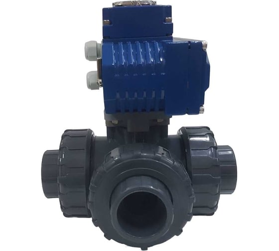 Трехходовой ПВХ шаровый кран TECHNO 3050PVC-NP50DF24V DN50, с электроприводом 50Нм, 24В, управление открыто/закрыто 673502