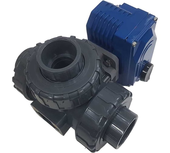 Трехходовой ПВХ шаровый кран TECHNO 3050PVC-NP50DF24V DN50, с электроприводом 50Нм, 24В, управление открыто/закрыто 673502