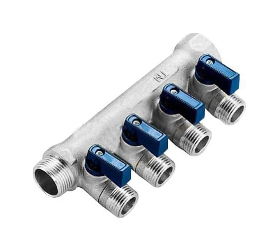 Коллектор Tiemme НВ, 3/4", 4х1/2"х16, Н 36 мм, никелированный, с кранами 1820049/1824N160404 1